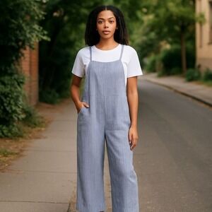 Lee Women's Blue White Striped Linen Blend‎ Overalls Jumpsuit Medium